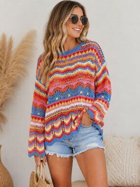Multicolor Open Knit Boho Sweater L XL Oversized Crochet Festival Pullover
